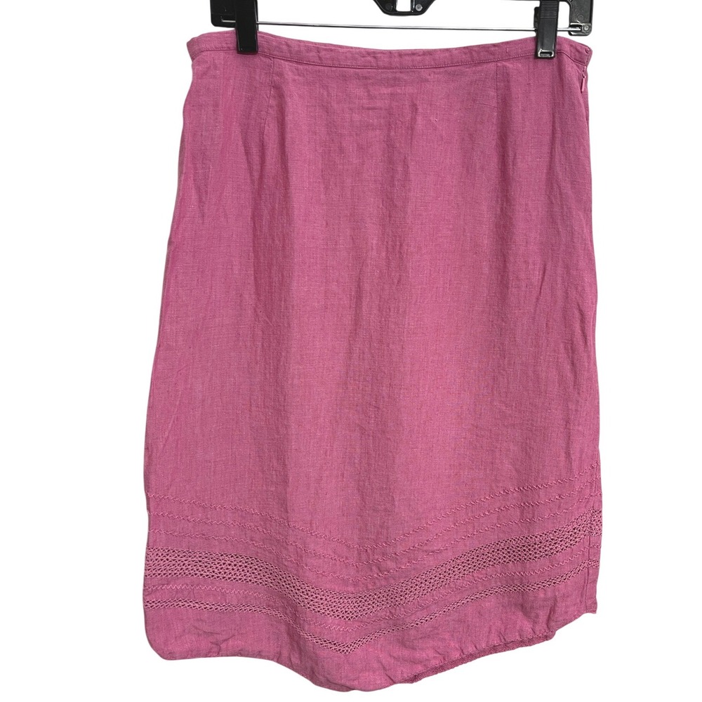 Vintage 90s Willi Smith 100% Linen Pink A-Line Midi Skirt Crochet Trim Size 10‎
